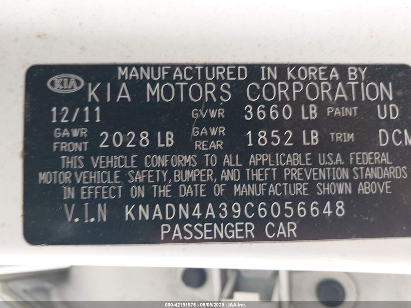 2012 Kia Rio Ex VIN: KNADN4A39C6056648 Lot: 42191576