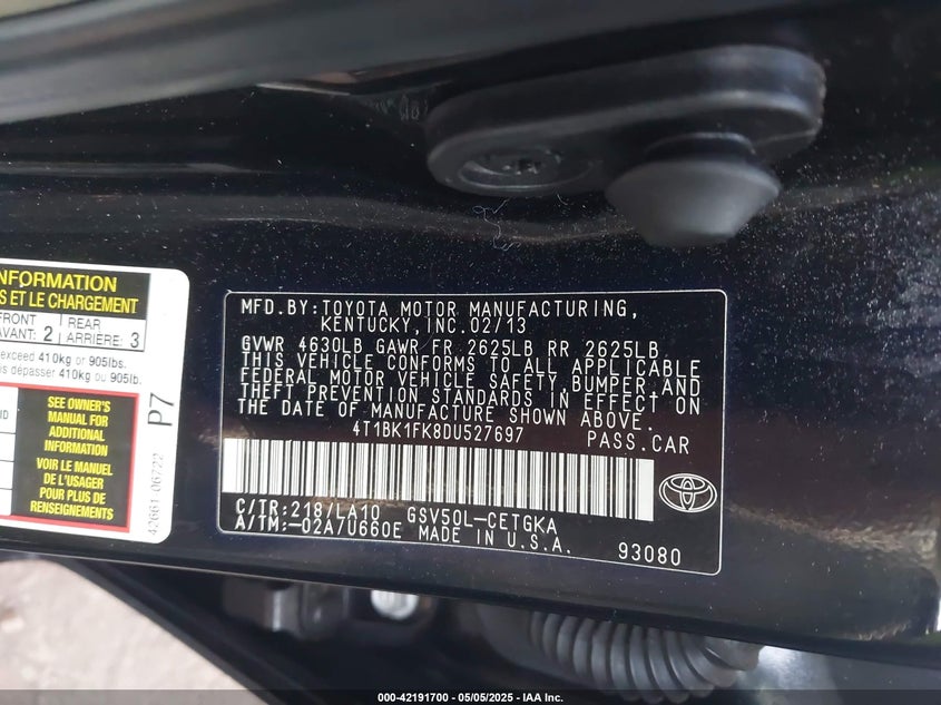 2013 TOYOTA CAMRY XLE V6 - 4T1BK1FK8DU527697