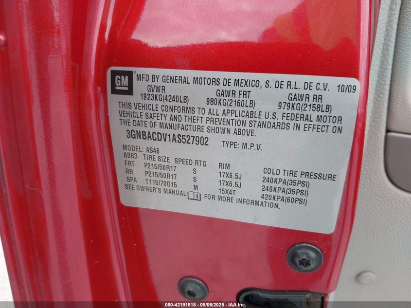 2010 CHEVROLET HHR VIN: 3GNBACDV1AS527902