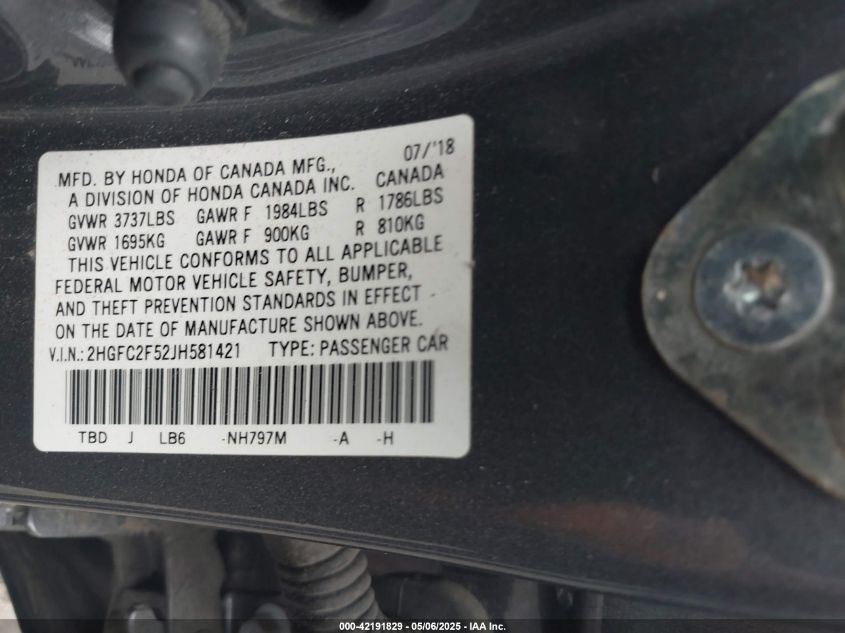 2018 Honda Civic Lx VIN: 2HGFC2F52JH581421 Lot: 42191829