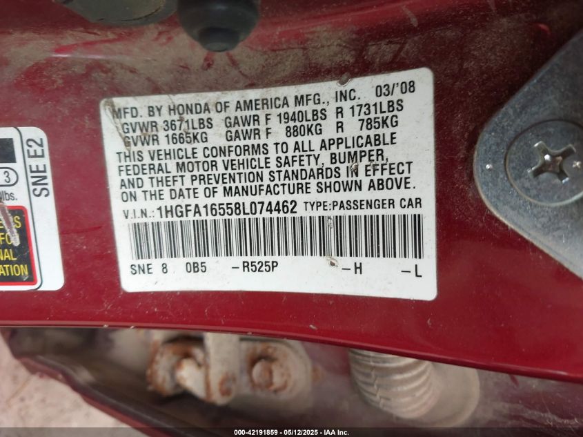 2008 Honda Civic Lx VIN: 1HGFA16558L074462 Lot: 42191859