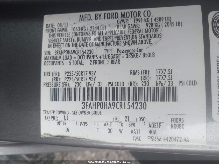 2012 FORD FUSION VIN: 3FAHP0HA9CR154230