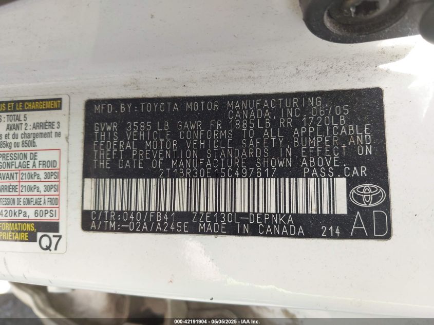 2005 Toyota Corolla Le VIN: 2T1BR30E15C497617 Lot: 42191904