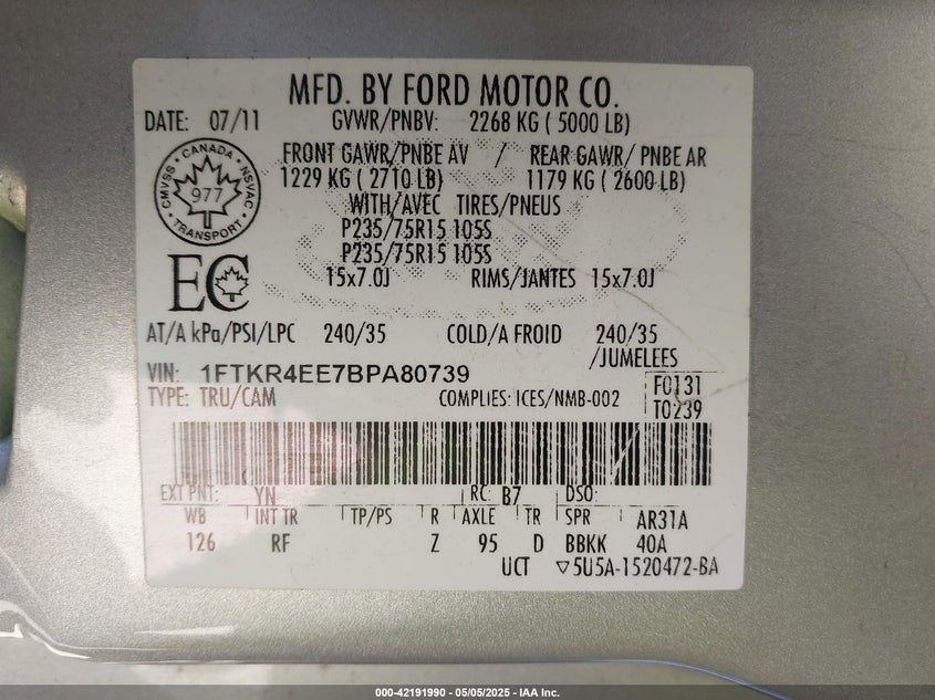 2011 FORD RANGER VIN: 1FTKR4EE7BPA80739