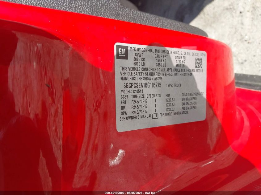 2011 Chevrolet Silverado 1500 Lt VIN: 3GCPCSEA1BG105275 Lot: 42192000