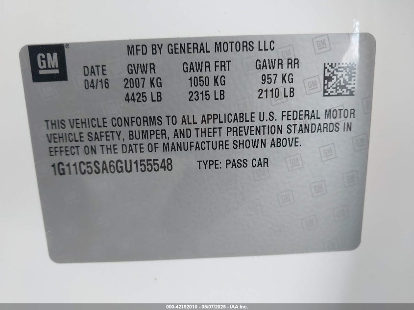 2016 CHEVROLET MALIBU LIMITED VIN: 1G11C5SA6GU155548