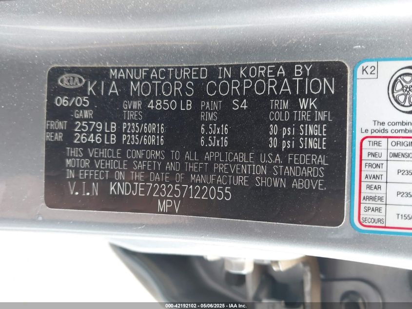 2005 Kia Sportage Ex V6/Lx V6 VIN: KNDJE723257122055 Lot: 42192102