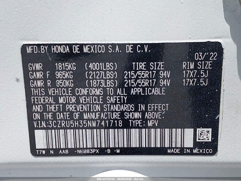 2022 Honda Hr-V 2Wd Lx VIN: 3CZRU5H35NM741718 Lot: 42192103