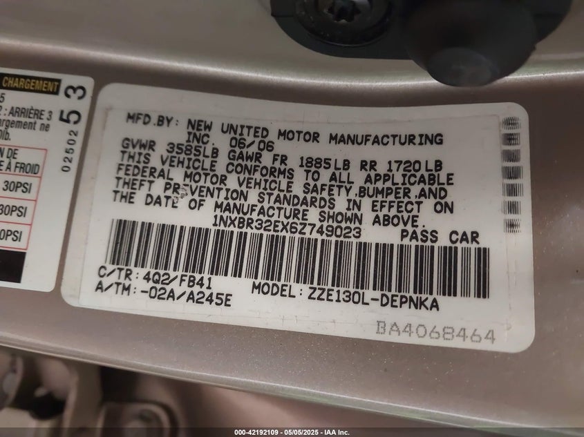 2006 TOYOTA COROLLA VIN: 1NXBR32EX6Z749023