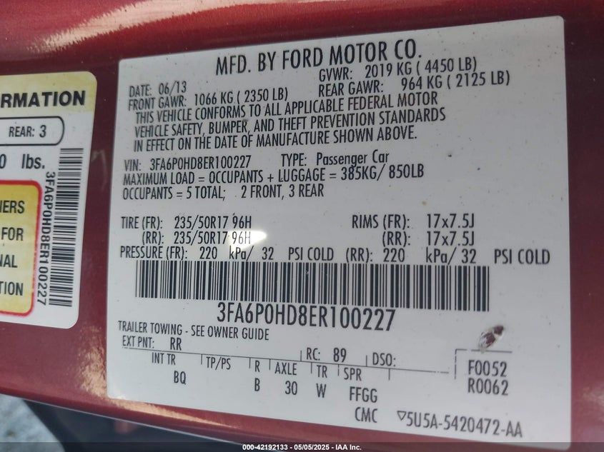 2014 FORD FUSION VIN: 3FA6P0HD8ER100227