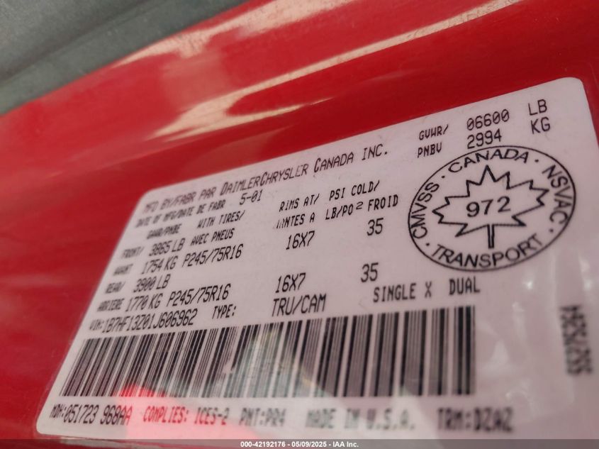 2001 Dodge Ram 1500 St VIN: 1B7HF13Z01J606962 Lot: 42192176