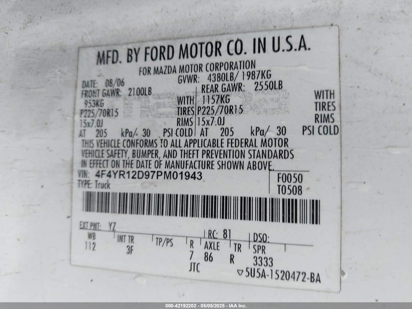 2007 MAZDA B2300 VIN: 4F4YR12D97PM01943