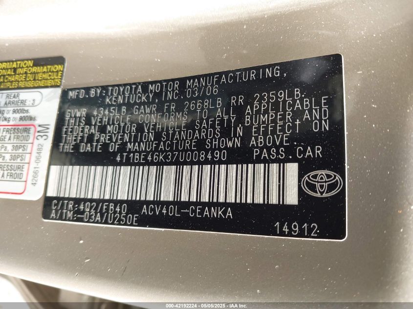 2007 Toyota Camry Le VIN: 4T1BE46K37U008490 Lot: 42192224