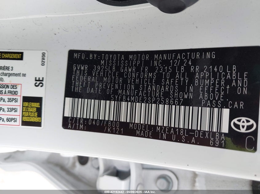 VIN 5YFB4MDE2SP258667 2025 TOYOTA COROLLA LE