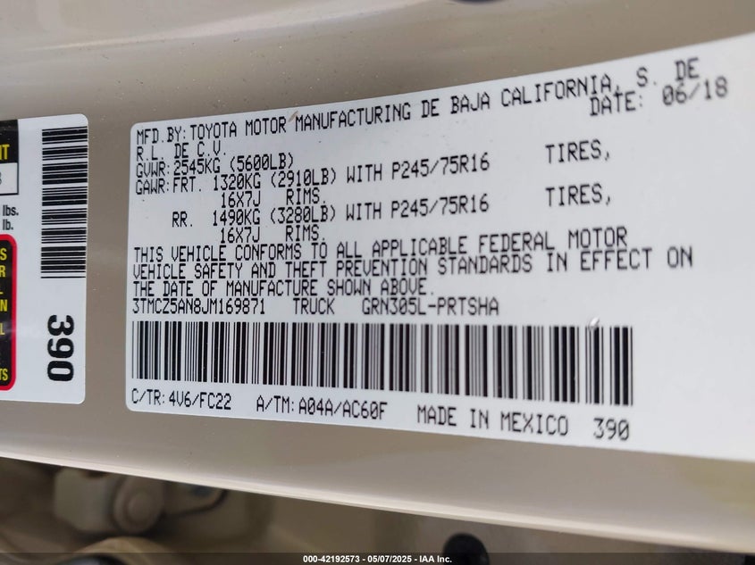 VIN 3TMCZ5AN8JM169871 2018 TOYOTA TACOMA SR5 V6