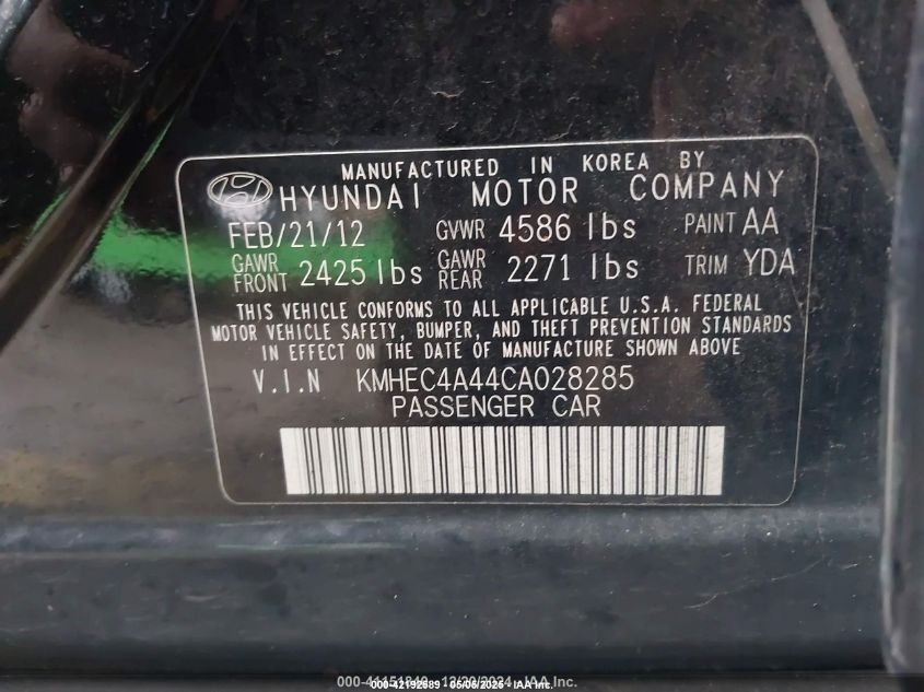 2012 Hyundai Sonata Hybrid VIN: KMHEC4A44CA028285 Lot: 42192589