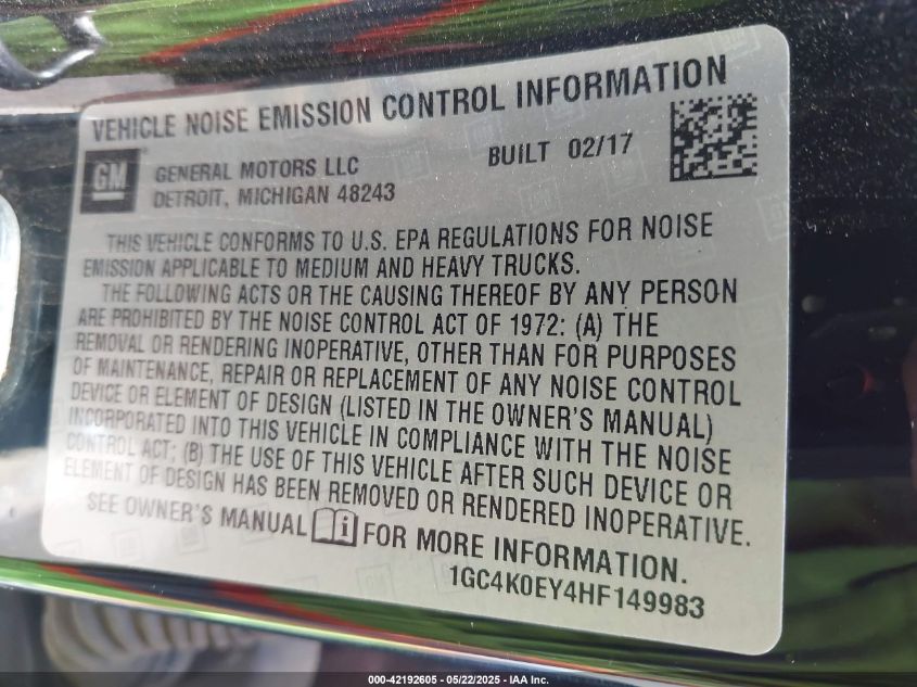 2017 Chevrolet Silverado Ltz VIN: 1GC4K0EY4HF14998 Lot: 42192605