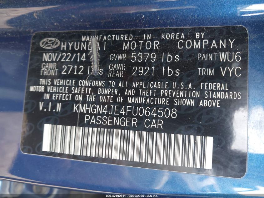 2015 Hyundai Genesis 3.8 VIN: KMHGN4JE4FU064508 Lot: 42192611