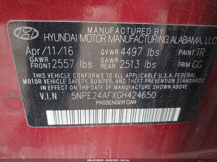 2016 Hyundai Sonata Se VIN: 5NPE24AFXGH424650 Lot: 42192639