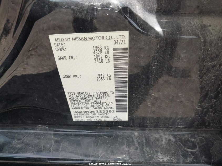 2021 Nissan Altima S Fwd VIN: 1N4BL4BV1MN382392 Lot: 42192735