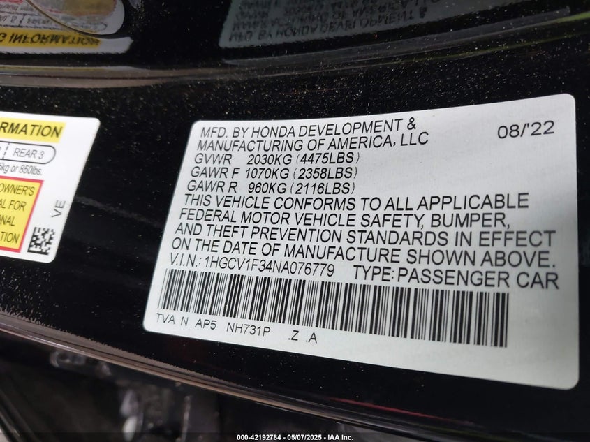 VIN 1HGCV1F34NA076779 2022 HONDA ACCORD SPORT