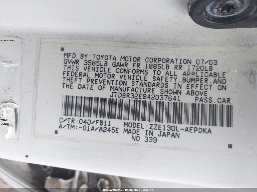 2004 Toyota Corolla Ce VIN: JTDBR32E842037641 Lot: 42192912