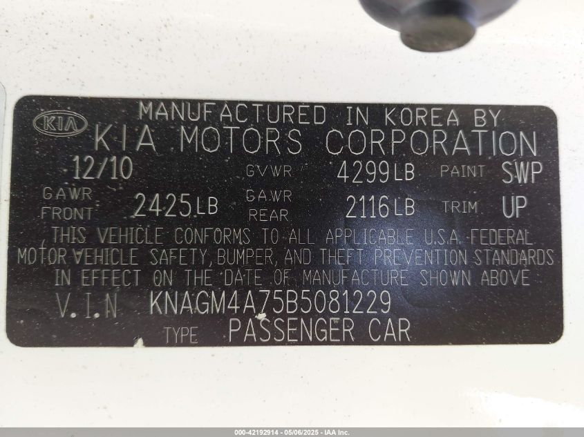 2011 Kia Optima Lx VIN: KNAGM4A75B5081229 Lot: 42192914