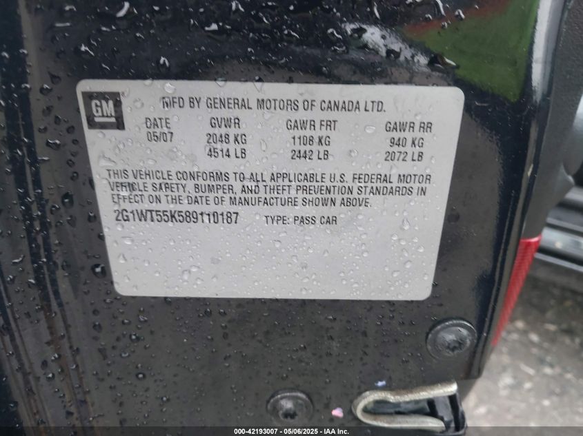 2008 Chevrolet Impala Lt VIN: 2G1WT55K589110187 Lot: 42193007