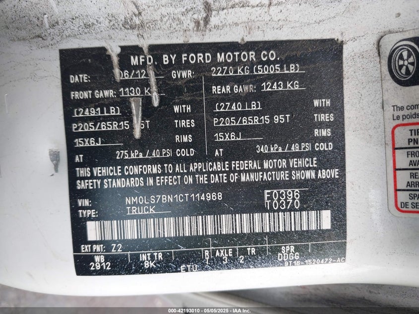 2012 FORD TRANSIT CONNECT VIN: NM0LS7BN1CT114968