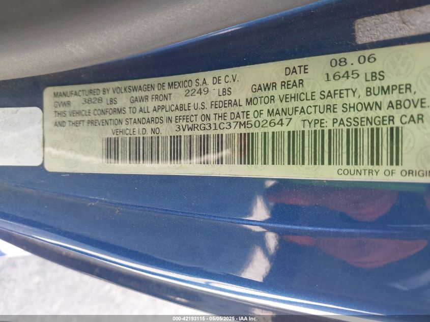 2007 Volkswagen New Beetle 2.5 VIN: 3VWRG31C37M502647 Lot: 42193115