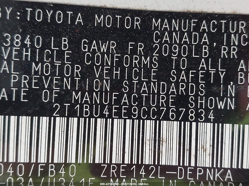 2012 TOYOTA COROLLA VIN: 2T1BU4EE9CC767834
