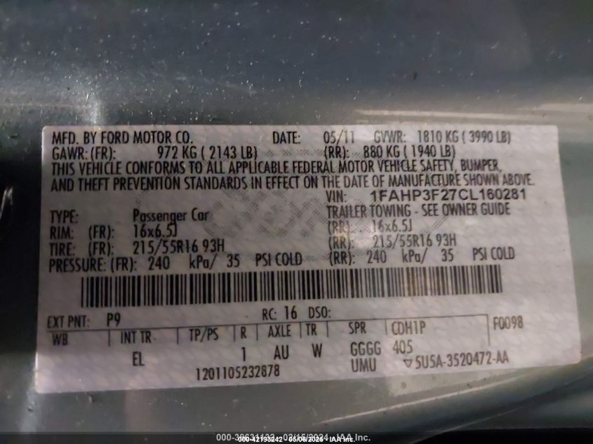 2012 Ford Focus Se VIN: 1FAHP3F27CL160281 Lot: 42193242