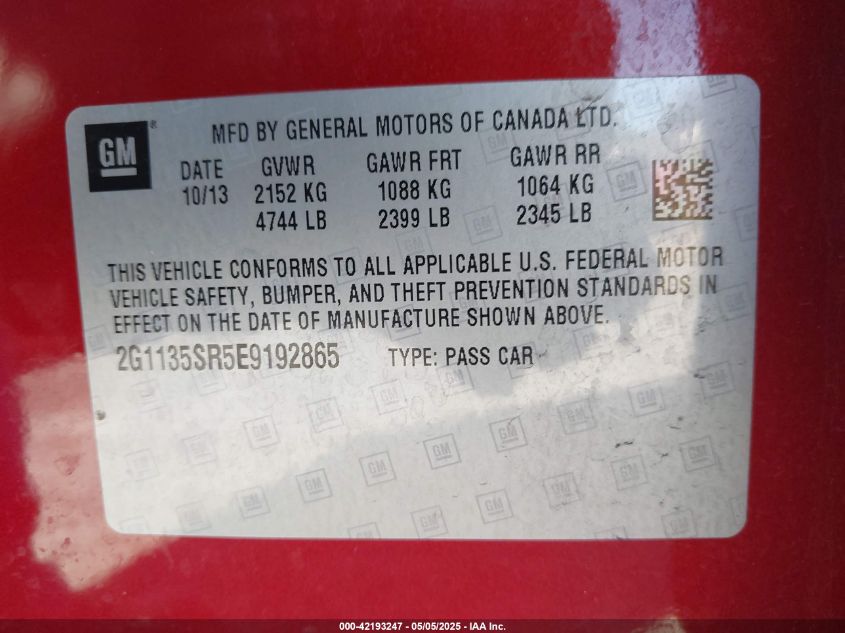 2014 Chevrolet Impala Lt Eco VIN: 2G1135SR5E9192865 Lot: 42193247