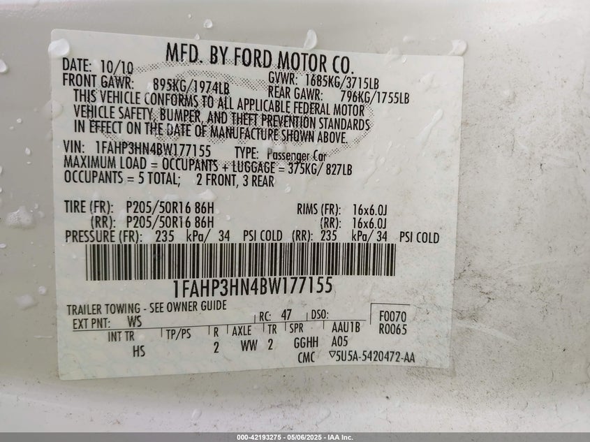 2011 FORD FOCUS VIN: 1FAHP3HN4BW177155