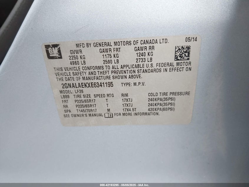 2014 CHEVROLET EQUINOX VIN: 2GNALAEKXE6341195