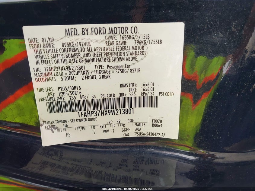 2009 FORD FOCUS VIN: 1FAHP37NX9W213801