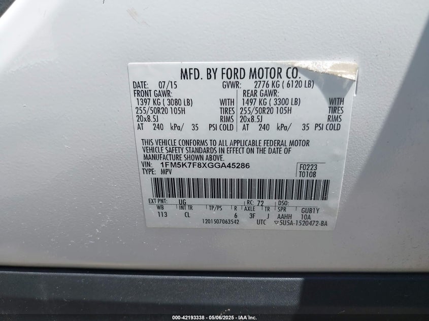 2016 FORD EXPLORER LIMITED - 1FM5K7F8XGGA45286