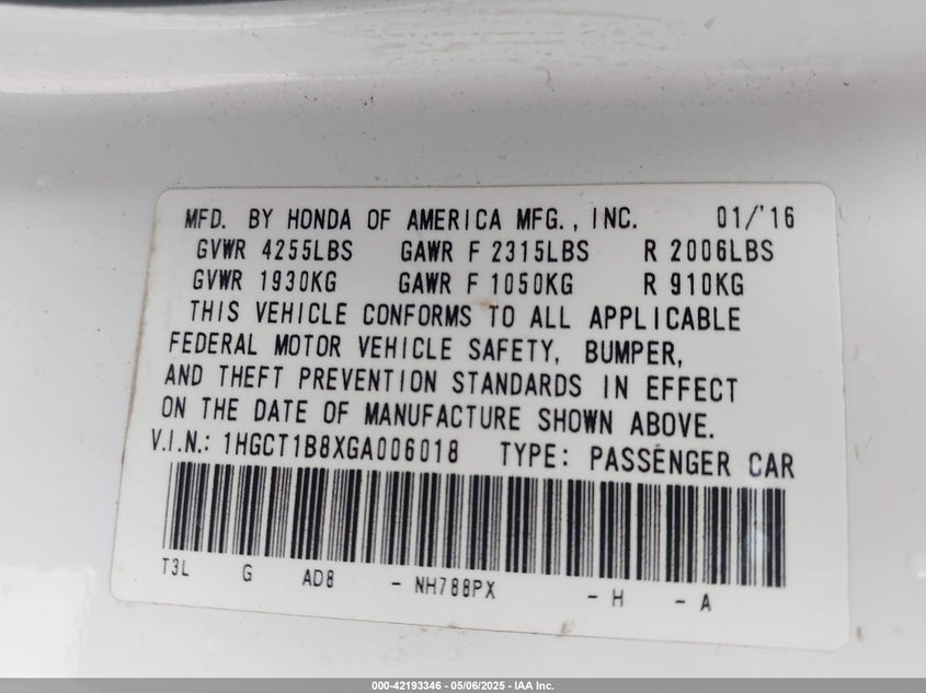 2016 HONDA ACCORD VIN: 1HGCT1B8XGA006018