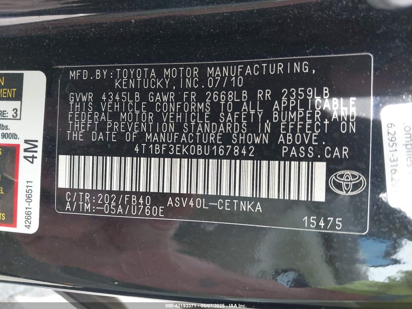 2011 TOYOTA CAMRY VIN: 4T1BF3EK0BU167842