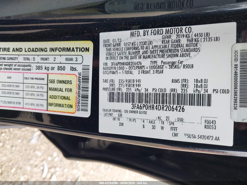 2013 FORD FUSION VIN: 3FA6P0HR4DR206426