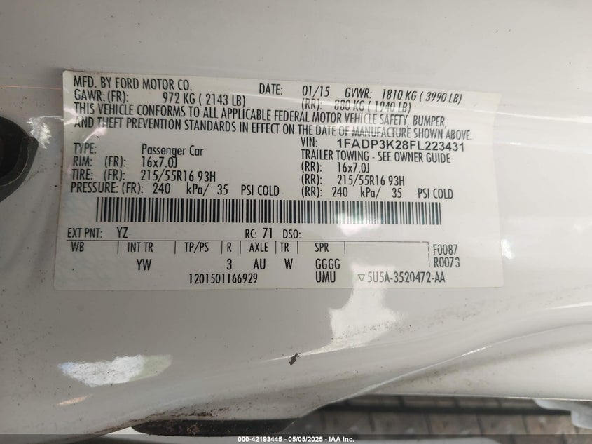 2015 FORD FOCUS VIN: 1FADP3K28FL223431