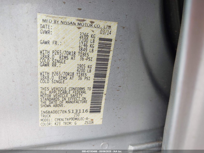 2014 NISSAN TITAN VIN: 1N6BA0EC7EN513116