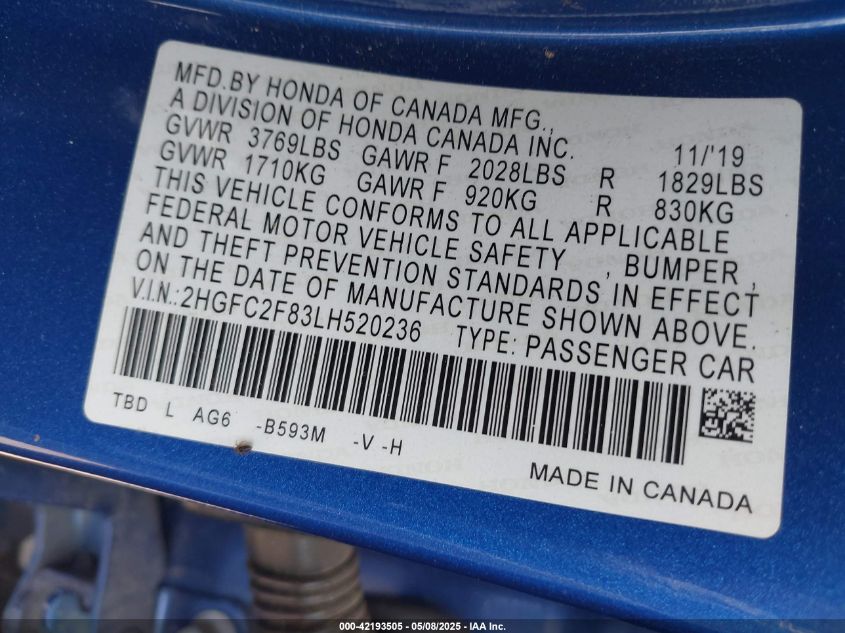 2020 Honda Civic Sport VIN: 2HGFC2F83L8520236 Lot: 42193505