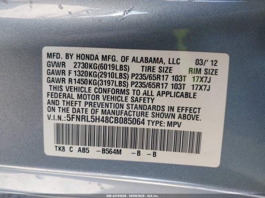2012 HONDA ODYSSEY VIN: 5FNRL5H48CB085064