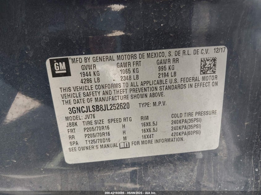 2018 CHEVROLET TRAX LT - 3GNCJLSB8JL252620