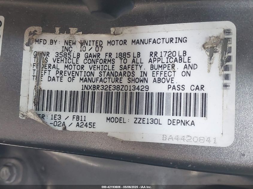 2008 Toyota Corolla Ce/Le/S VIN: 1NXBR32E38Z0134B9 Lot: 42193606