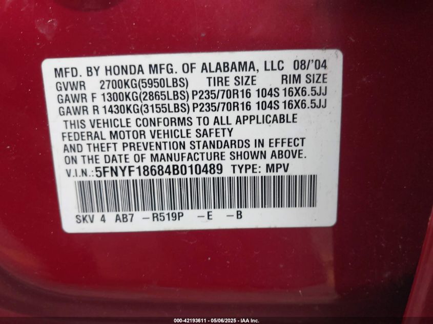 2004 Honda Pilot Ex-L VIN: 5FNYF18684B010489 Lot: 42193611