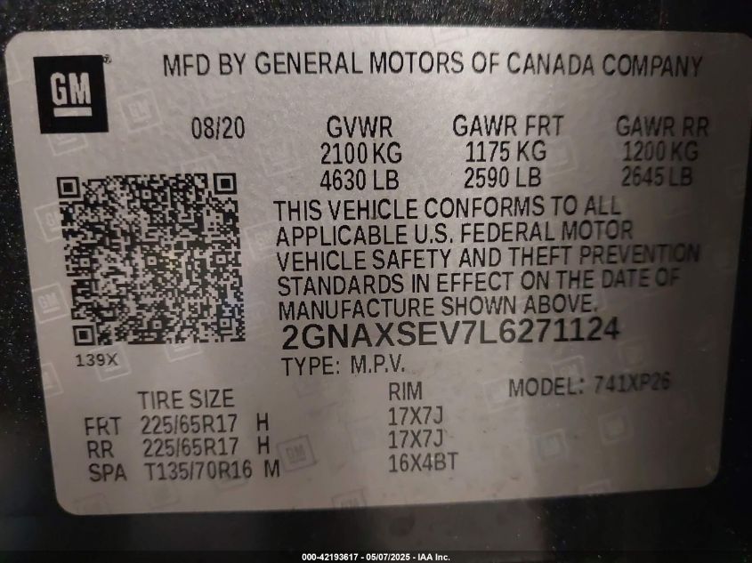 2020 Chevrolet Equinox Fwd Lt 1.5L Turbo VIN: 2GNAXKEV9L6148957 Lot: 42193617