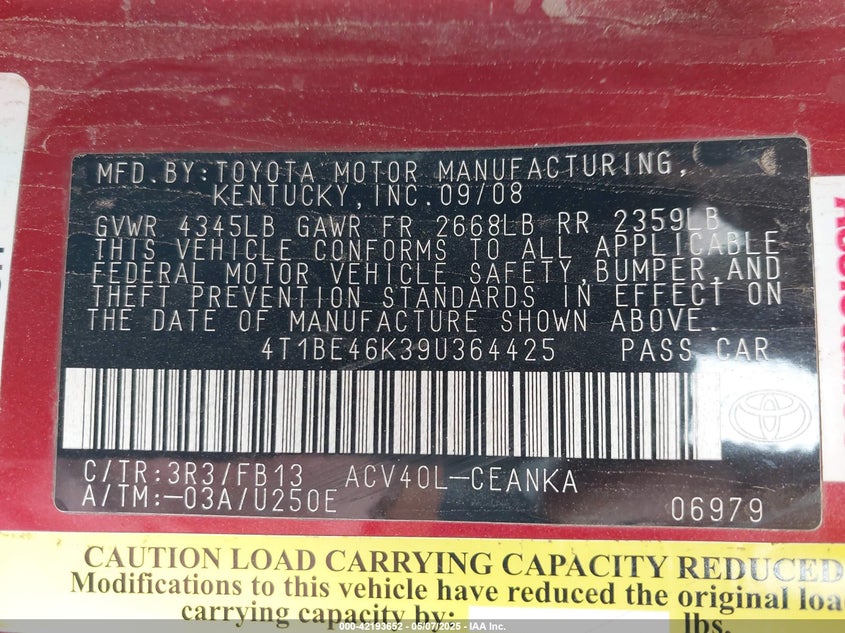 2009 TOYOTA CAMRY VIN: 4T1BE46K39U364425