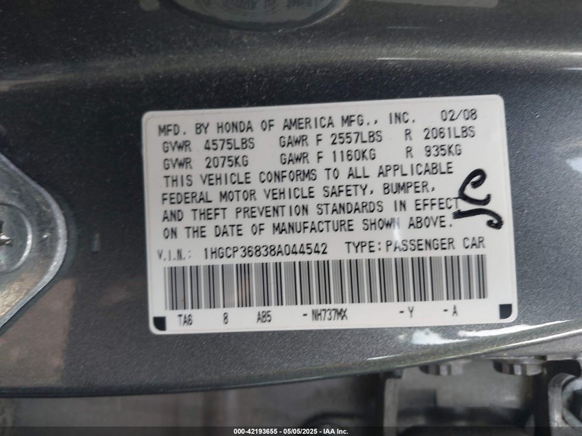 2008 HONDA ACCORD VIN: 1HGCP36838A044542